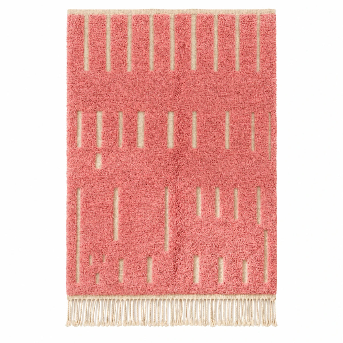 Front view of Moroccan wool rug, pink ground with fine light lines
