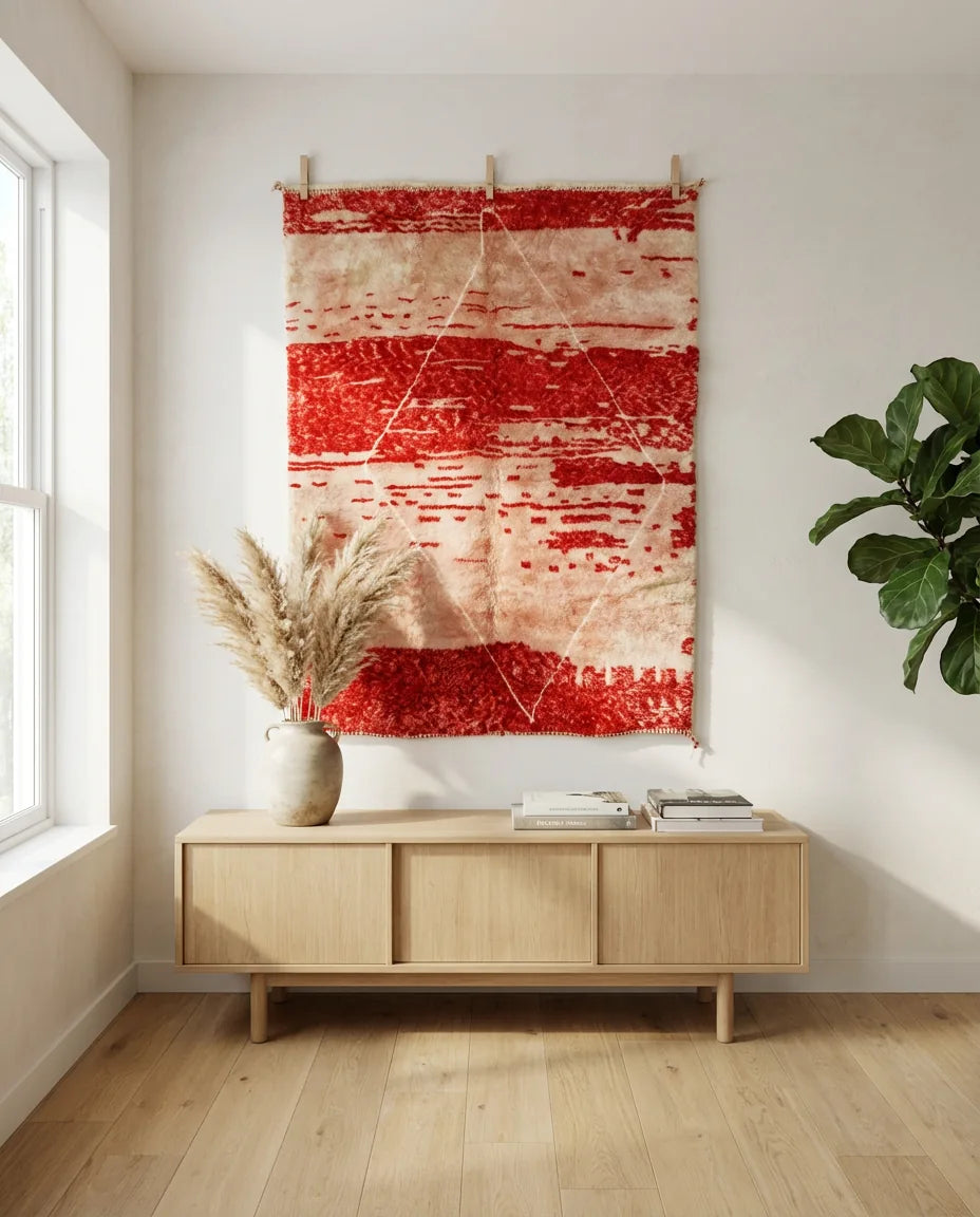 Moroccan wool rug, red and cream ground with broad irregular horizontal bands, product view 2