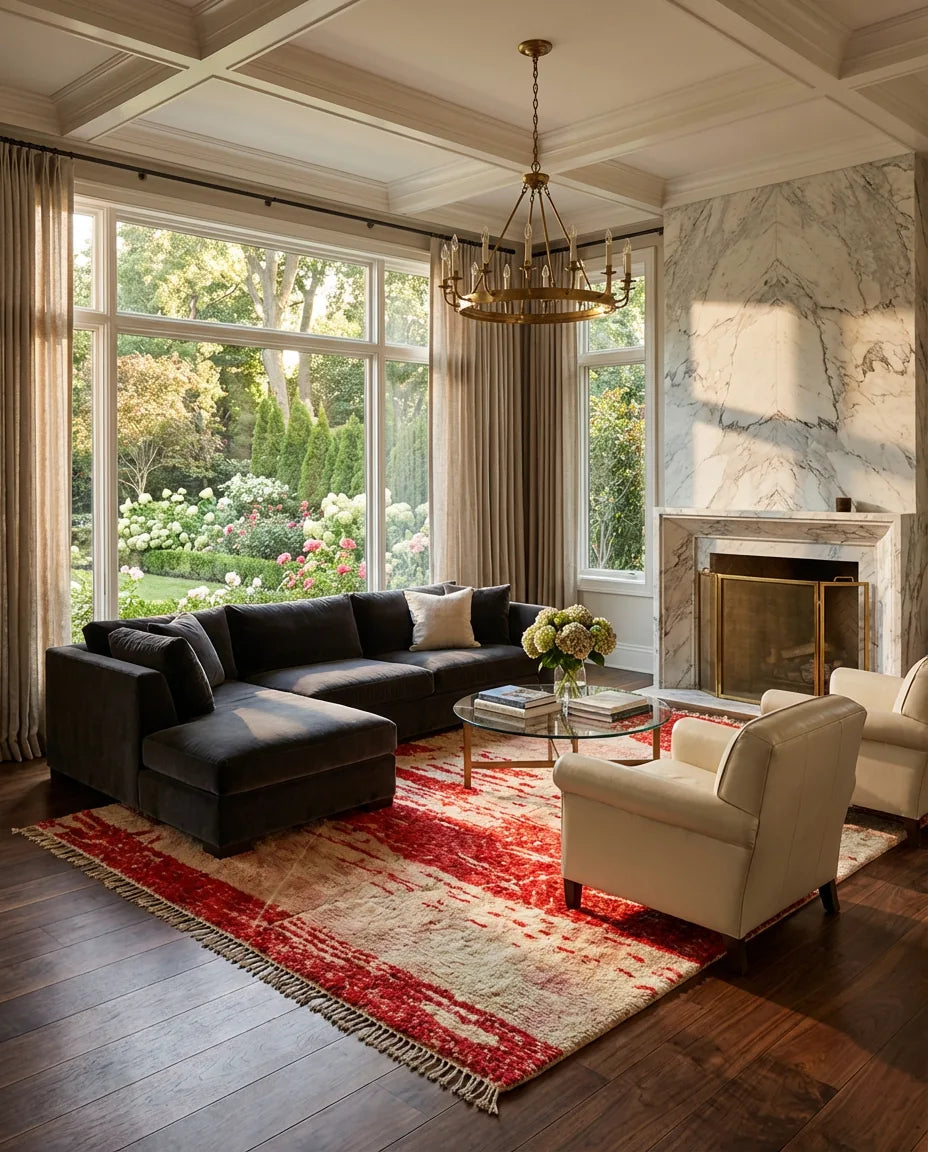 Moroccan wool rug, red and cream ground with broad irregular horizontal bands, product view 3