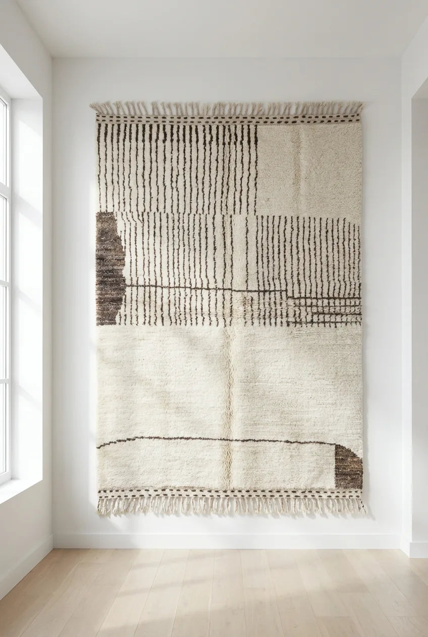 Moroccan wool rug, cream ground with brown horizontal bands and dense linework, product view 2