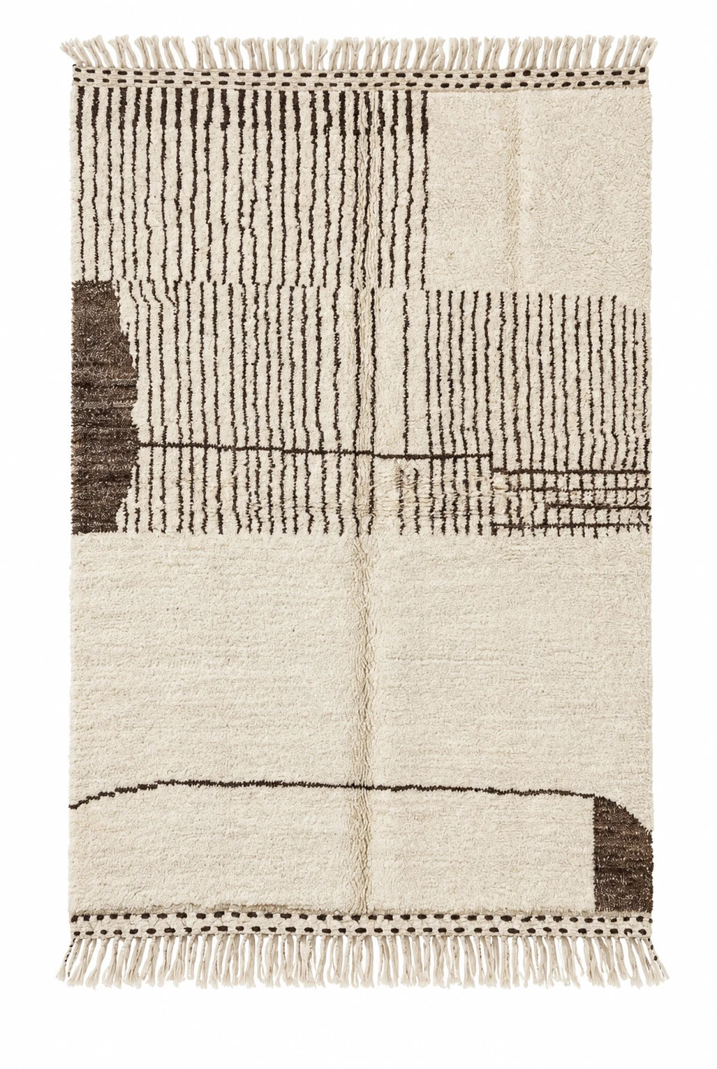 Detail of Moroccan wool rug, cream ground with brown horizontal bands and dense linework