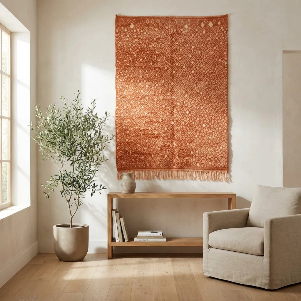 Detail of Moroccan wool rug, terracotta ground with a lighter mottled texture