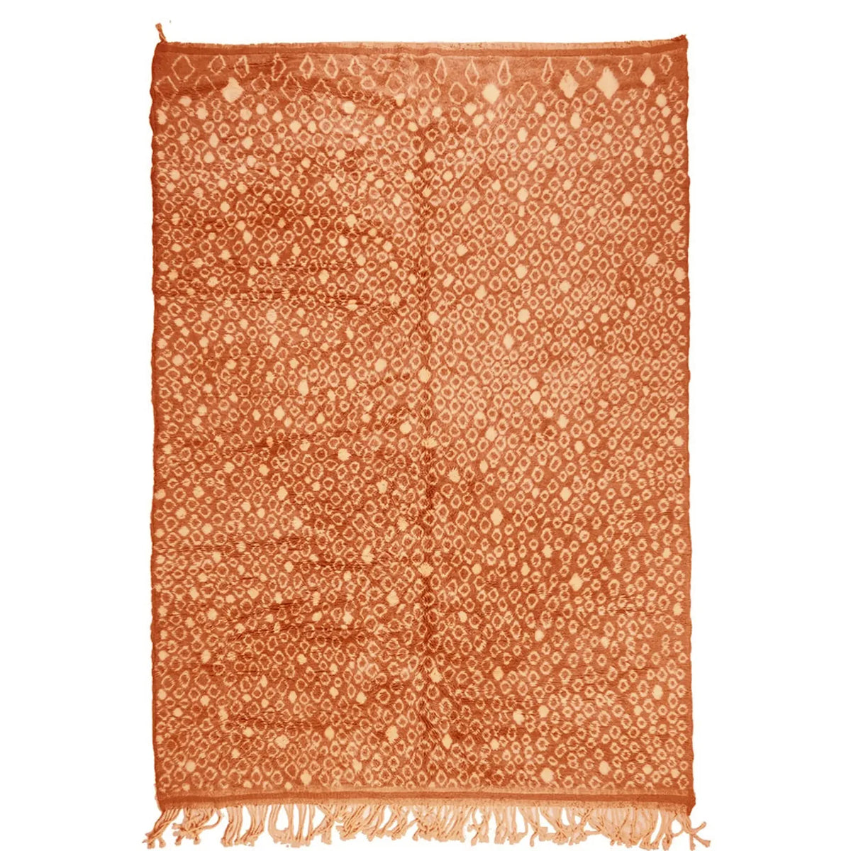 Front view of Moroccan wool rug, terracotta ground with a lighter mottled texture