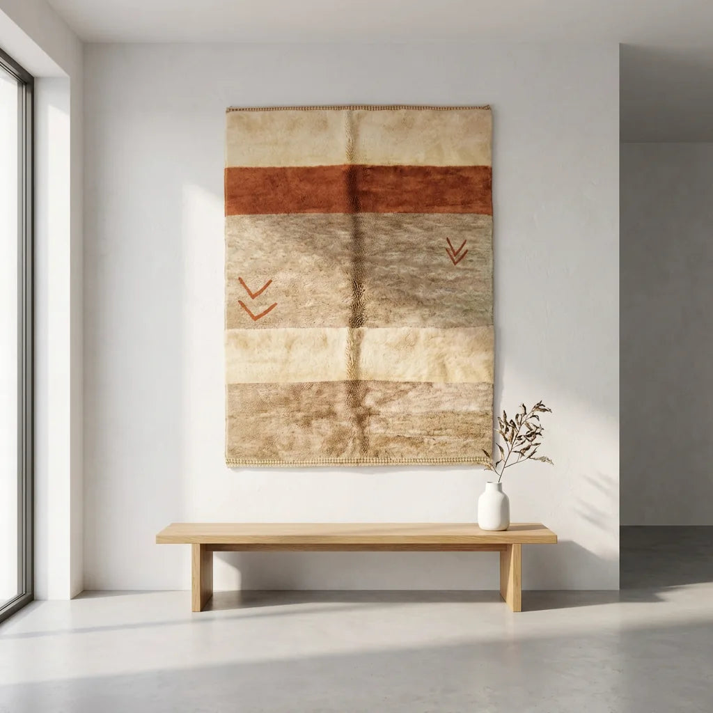 Moroccan wool rug, beige and brown ground with a rust-colored horizontal band, product view 2