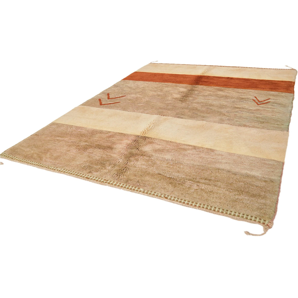 Moroccan wool rug, beige and brown ground with a rust-colored horizontal band, product view 4