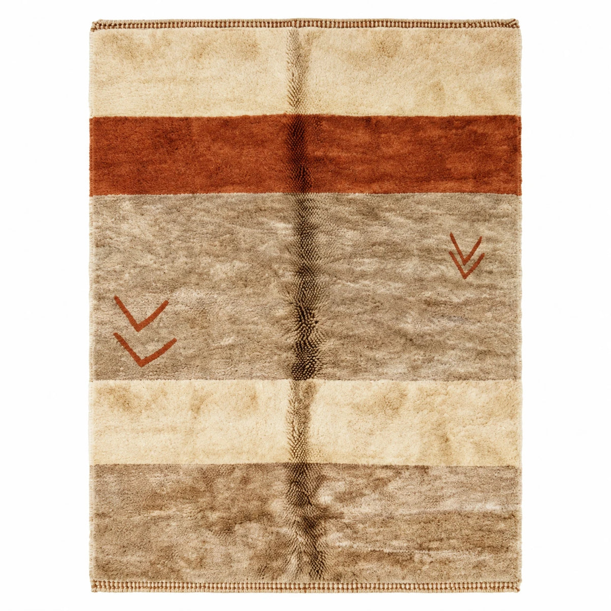 Front view of Moroccan wool rug, beige and brown ground with a rust-colored horizontal band