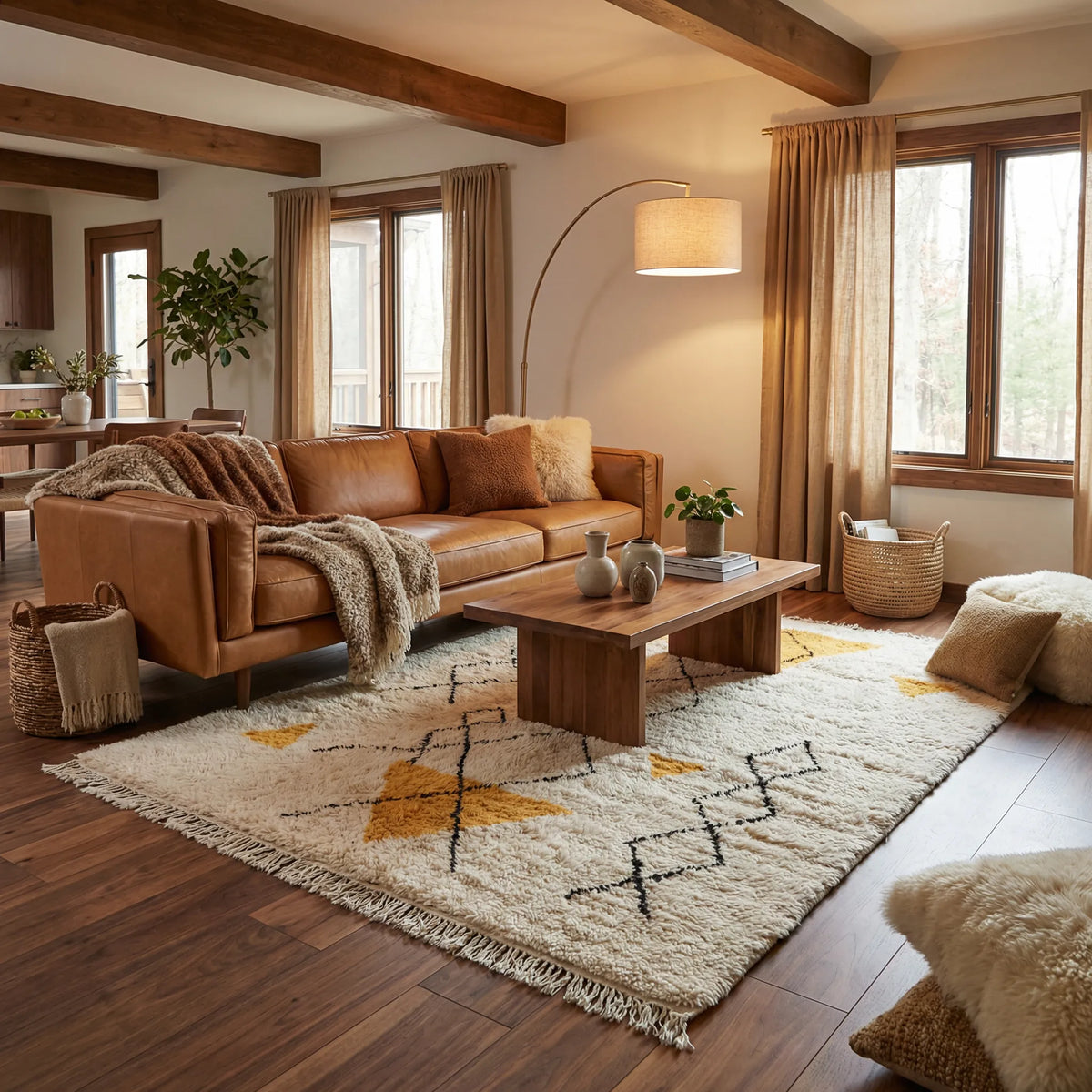 Beni Ourain Berberteppich 200x300, in modernem Wohnzimmer mit Leder Sofa 