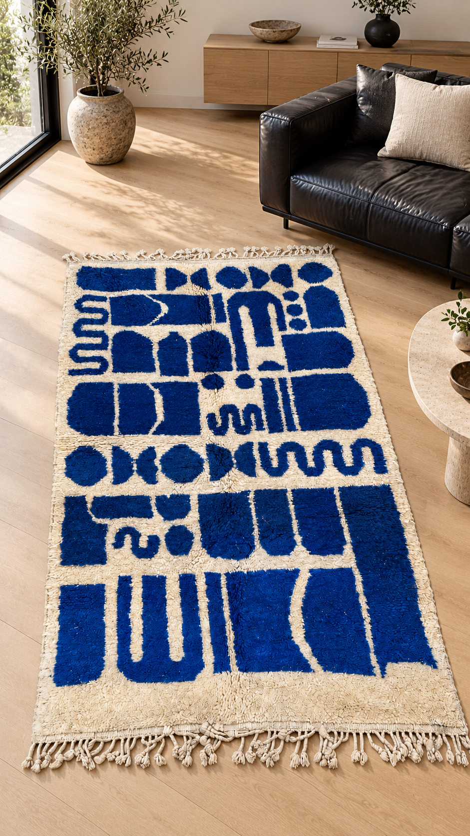 Berberteppich Blau Creme, 240 × 135 cm – KI-Rauminspiration mit schwarzem Ledersofa.