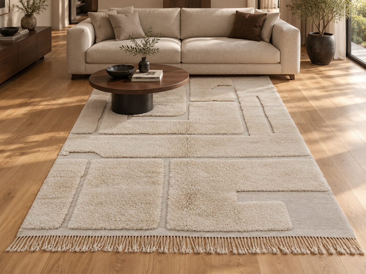 Berberteppich Creme mit abstraktem Relief – 317 × 220 cm – Wohnraumvisualisierung in moderner Wohnung