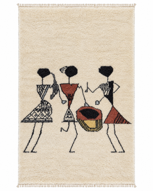 Berberteppich Creme mit Musiker-Motiv – ca. 305 × 198 cm – gerade freigestellte Gesamtansicht