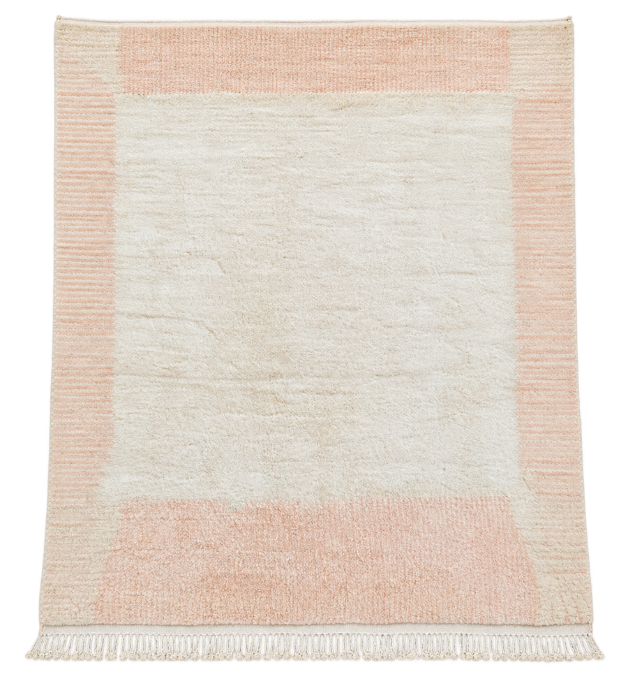 Cream and Peach Moroccan Rug with Border, 428 × 397 cm.