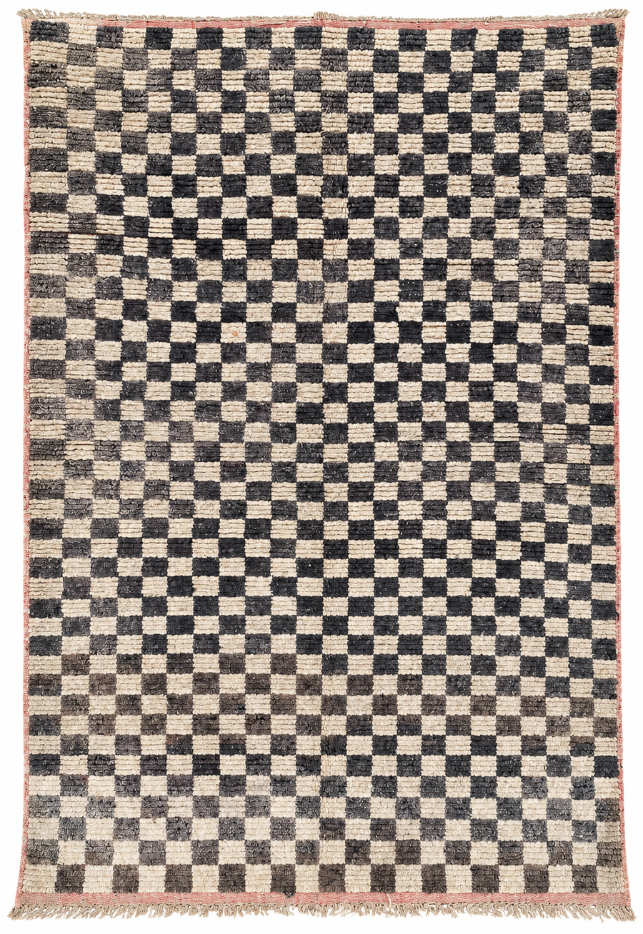 AI-assisted cutout of Black and Cream Vintage Moroccan Rug with Checkerboard Pattern, 280 × 193 cm.