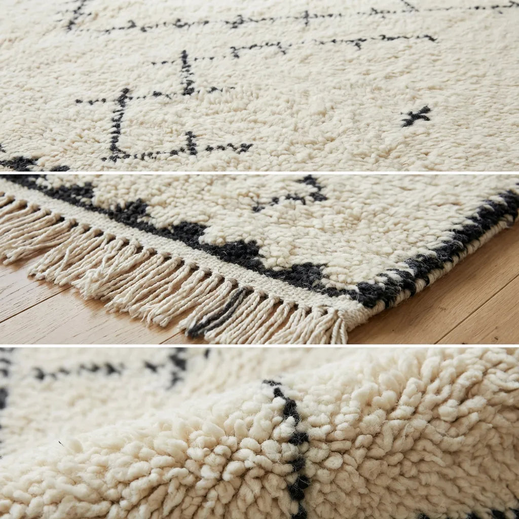 Detail of Beni Ourain wool rug, black arrow-like and branching symbols on a cream wool ground