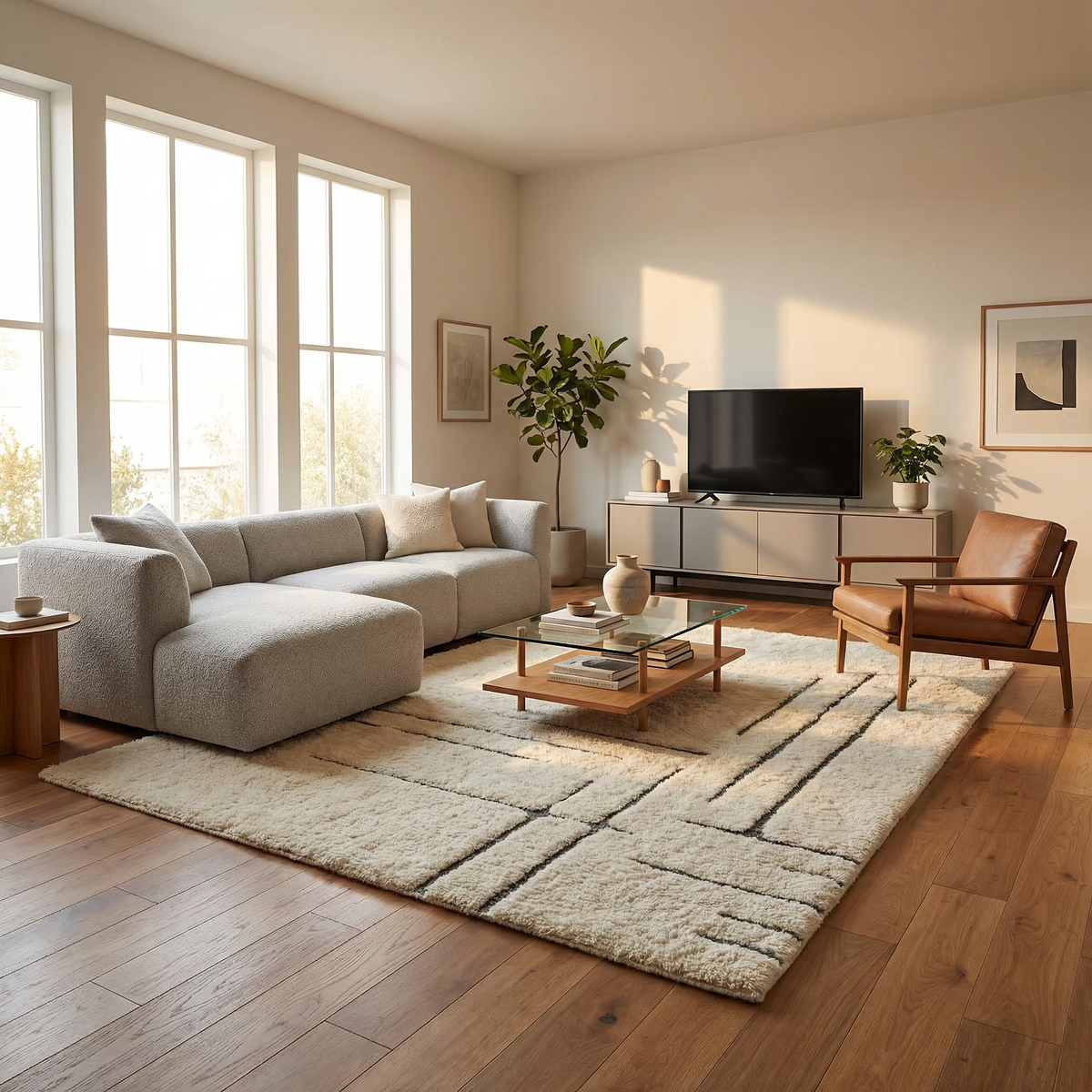 Moroccan wool rug, asymmetrical black lines on a cream high-pile ground, product view 4