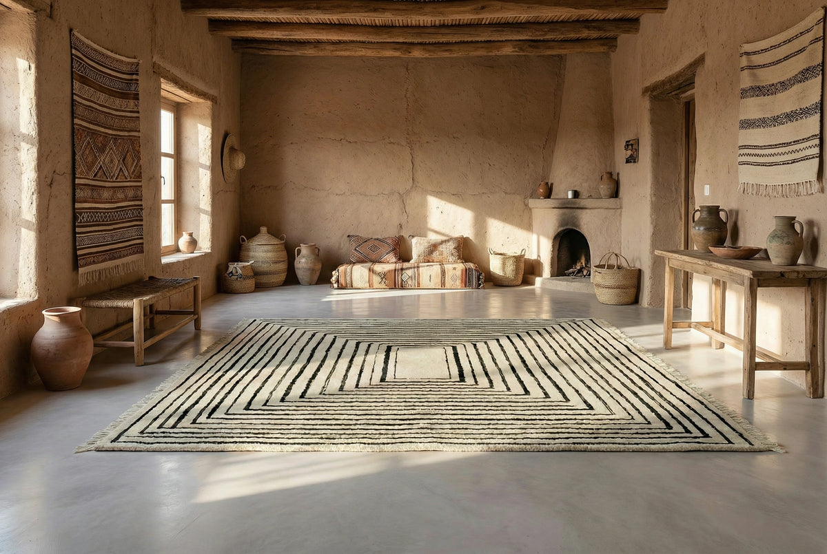 Flauschiger moderner Berber-Teppich in Berber Wohnzimmer in Beige, Schwarz Naturfarben aus Wolle.