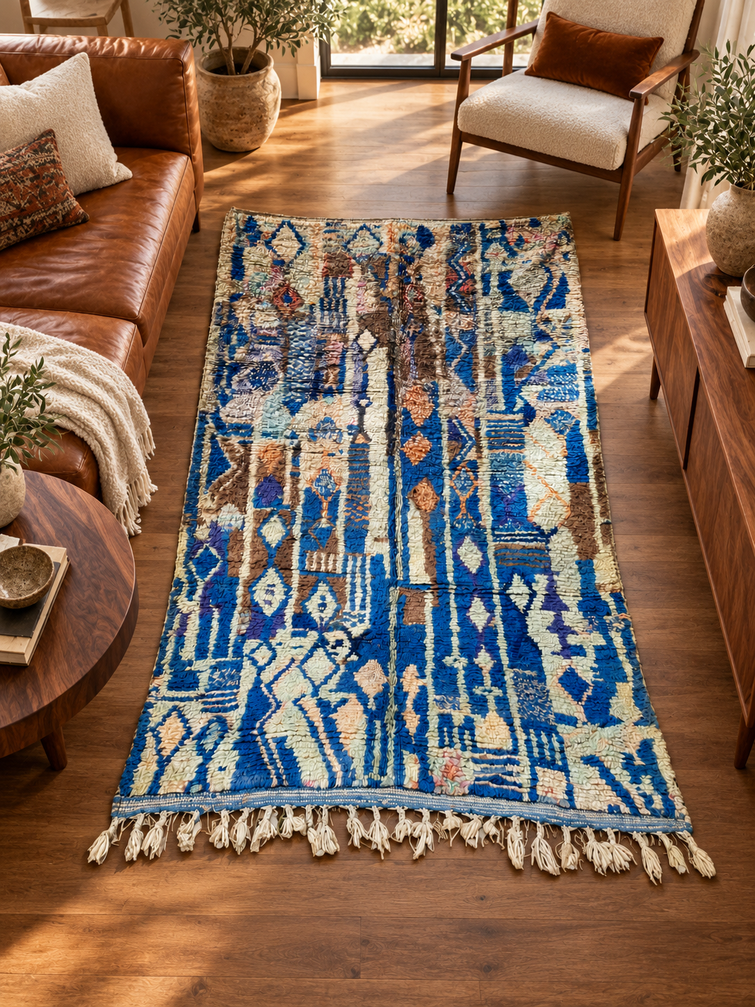 AI-generated room inspiration: Blue Vintage Moroccan Rug with Elongated Motifs, 260 × 157 cm.
