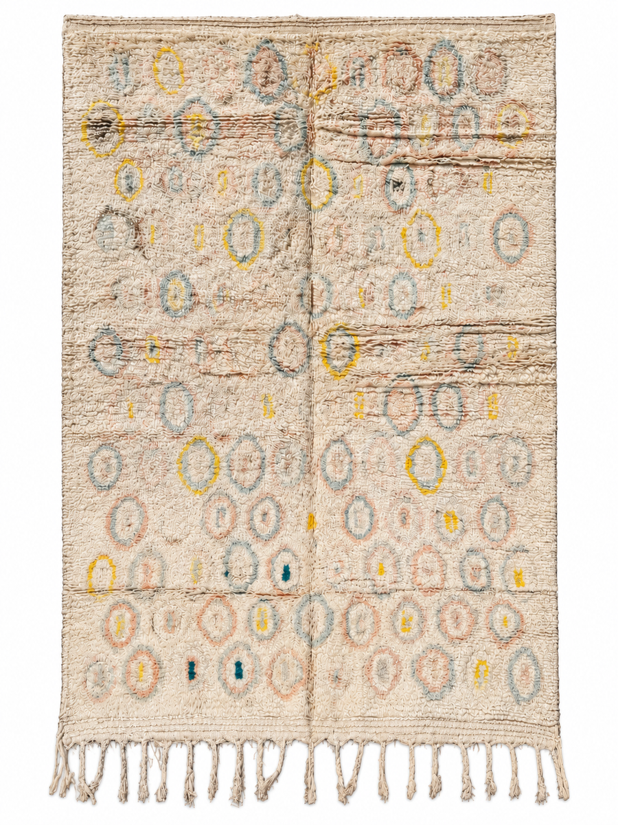 Cream Vintage Moroccan Rug with Yellow Geometric Motifs, 300 × 200 cm.