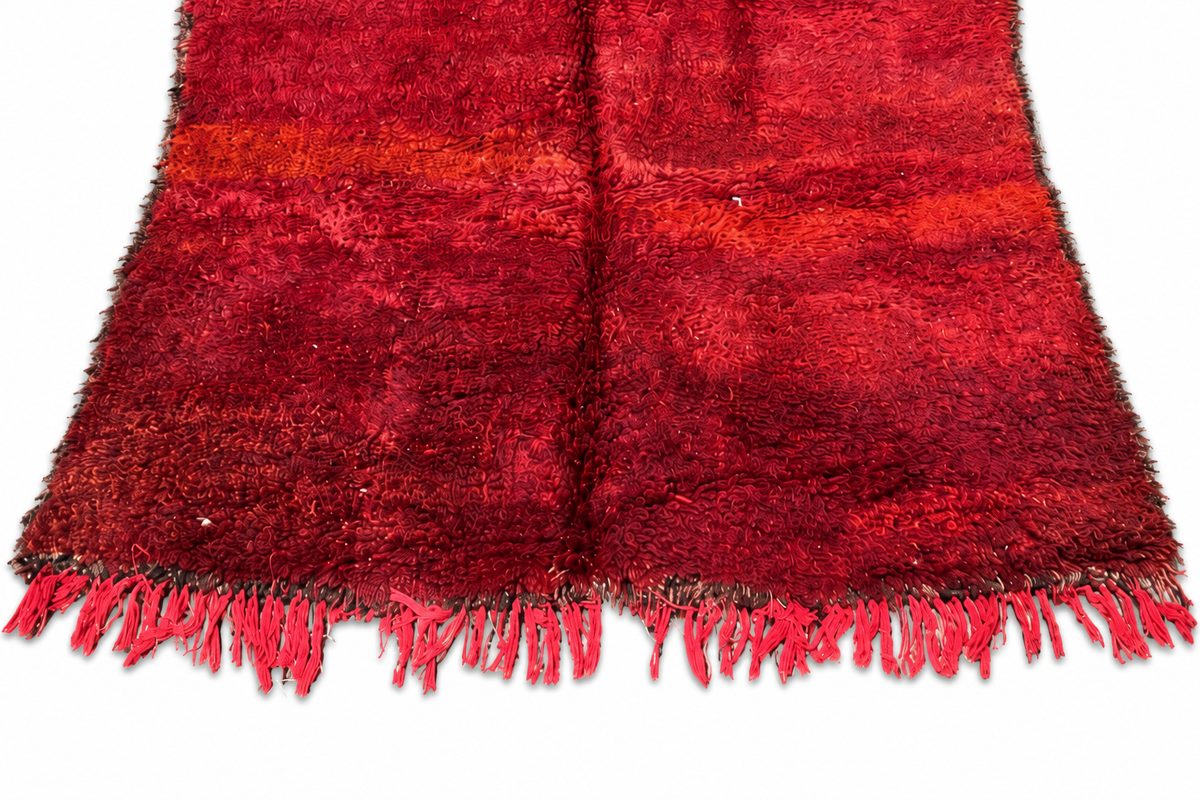 Edge detail of Dark Red Vintage Moroccan Rug with Tonal Bands, 320 × 190 cm.
