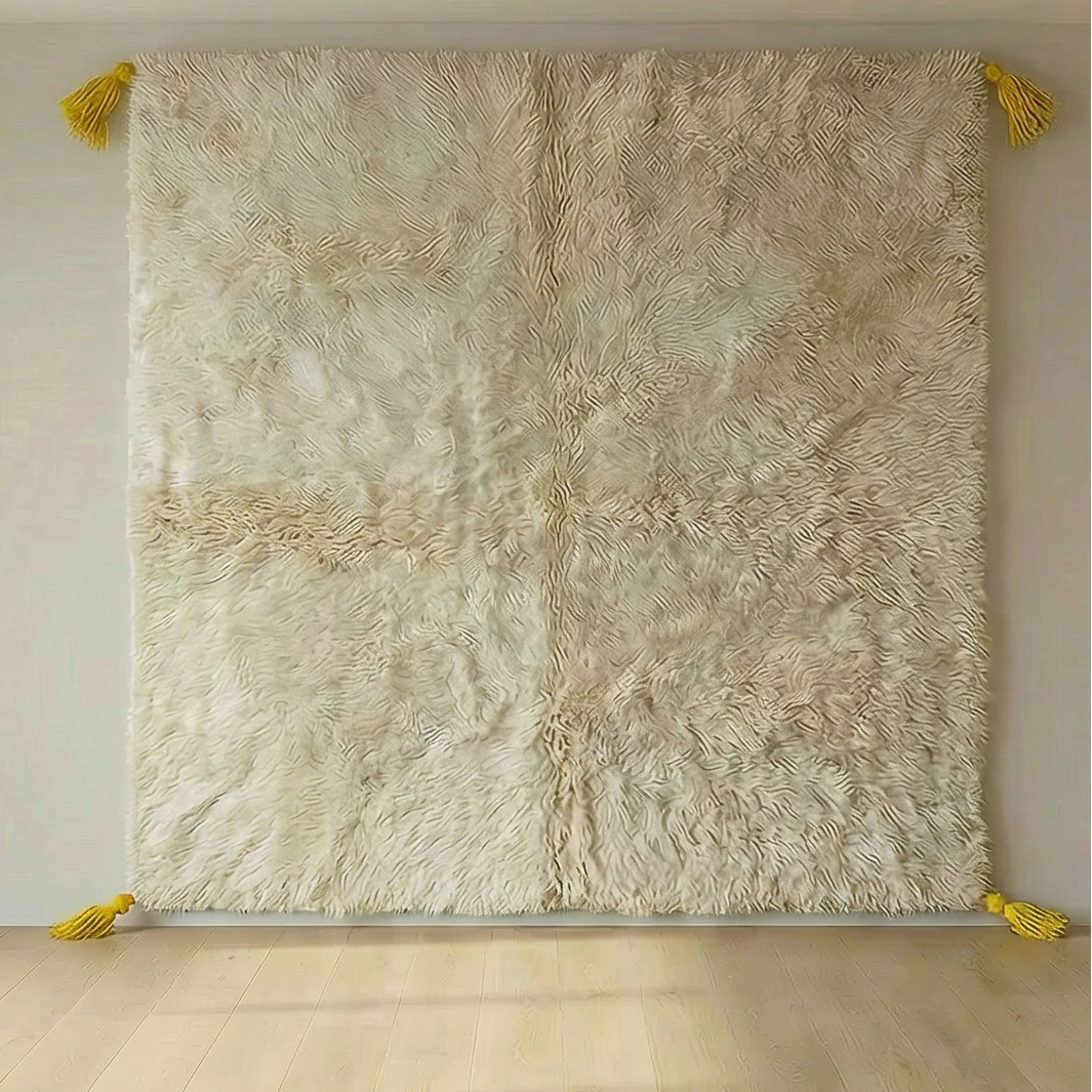 Moroccan wool rug, natural cream ground with a simple geometric design, product view 2