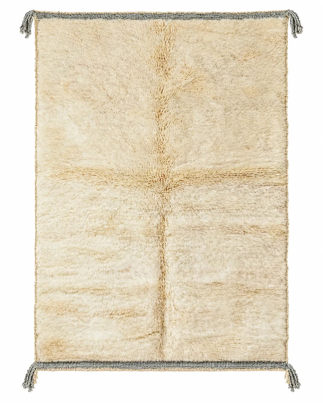 Front view of Moroccan wool rug, natural white wool with a high pile and subtle tonal texture
