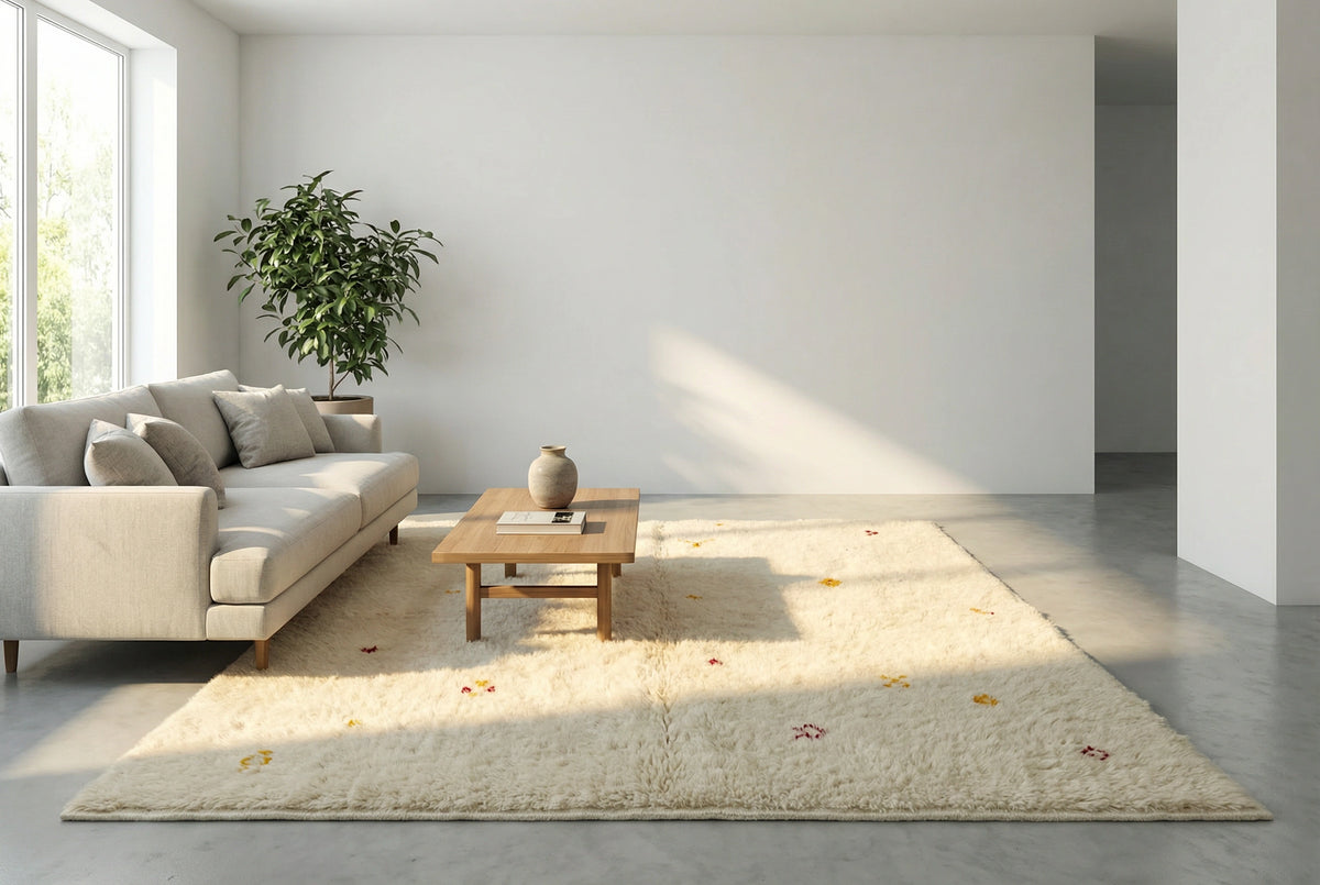 Moroccan wool rug, small yellow, orange and red motifs on a cream wool ground in a living room setting