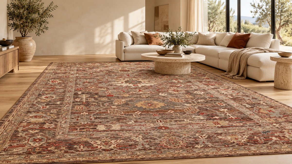 Floraler Orientteppich in Braun und Beige vor einem cremefarbenen Sofa – KI-Wohnraumvisualisierung