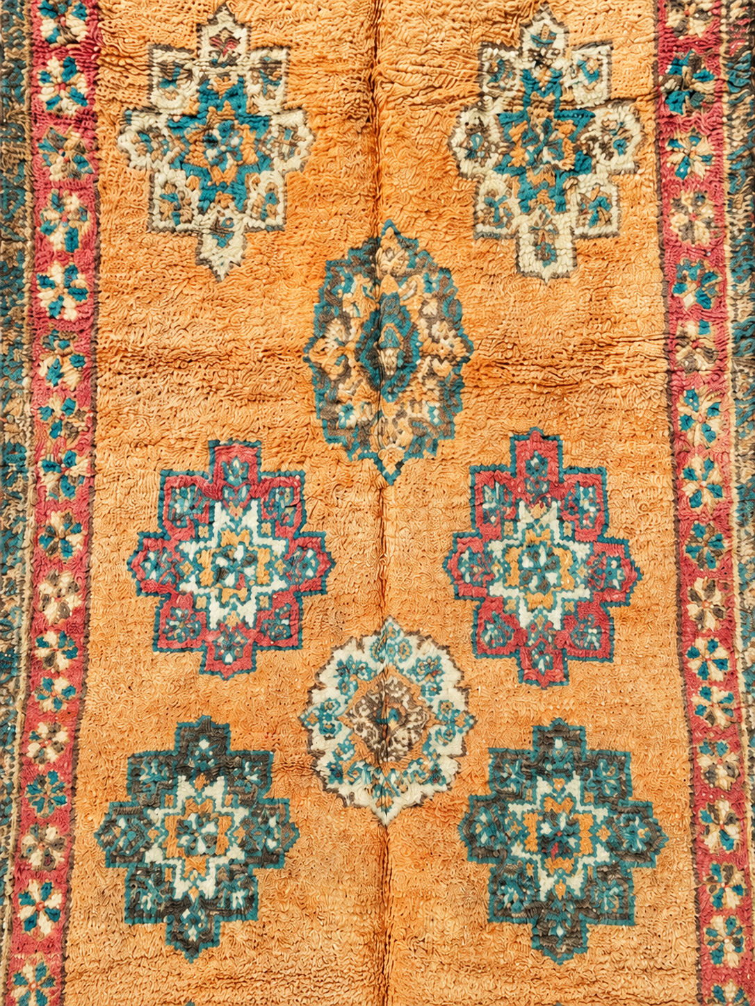Detail of Golden Beige Vintage Moroccan Rug with Green Medallions, 370 × 170 cm.