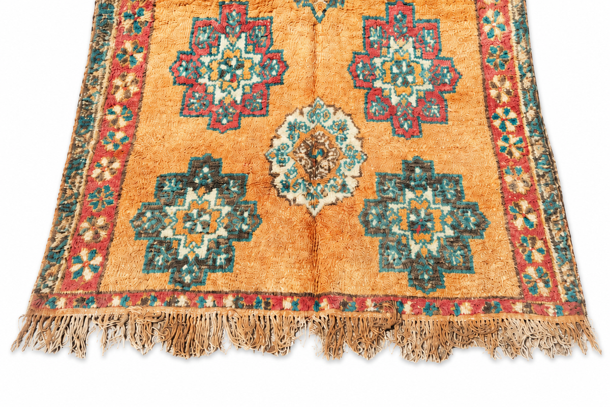 Edge detail of Golden Beige Vintage Moroccan Rug with Green Medallions, 370 × 170 cm.