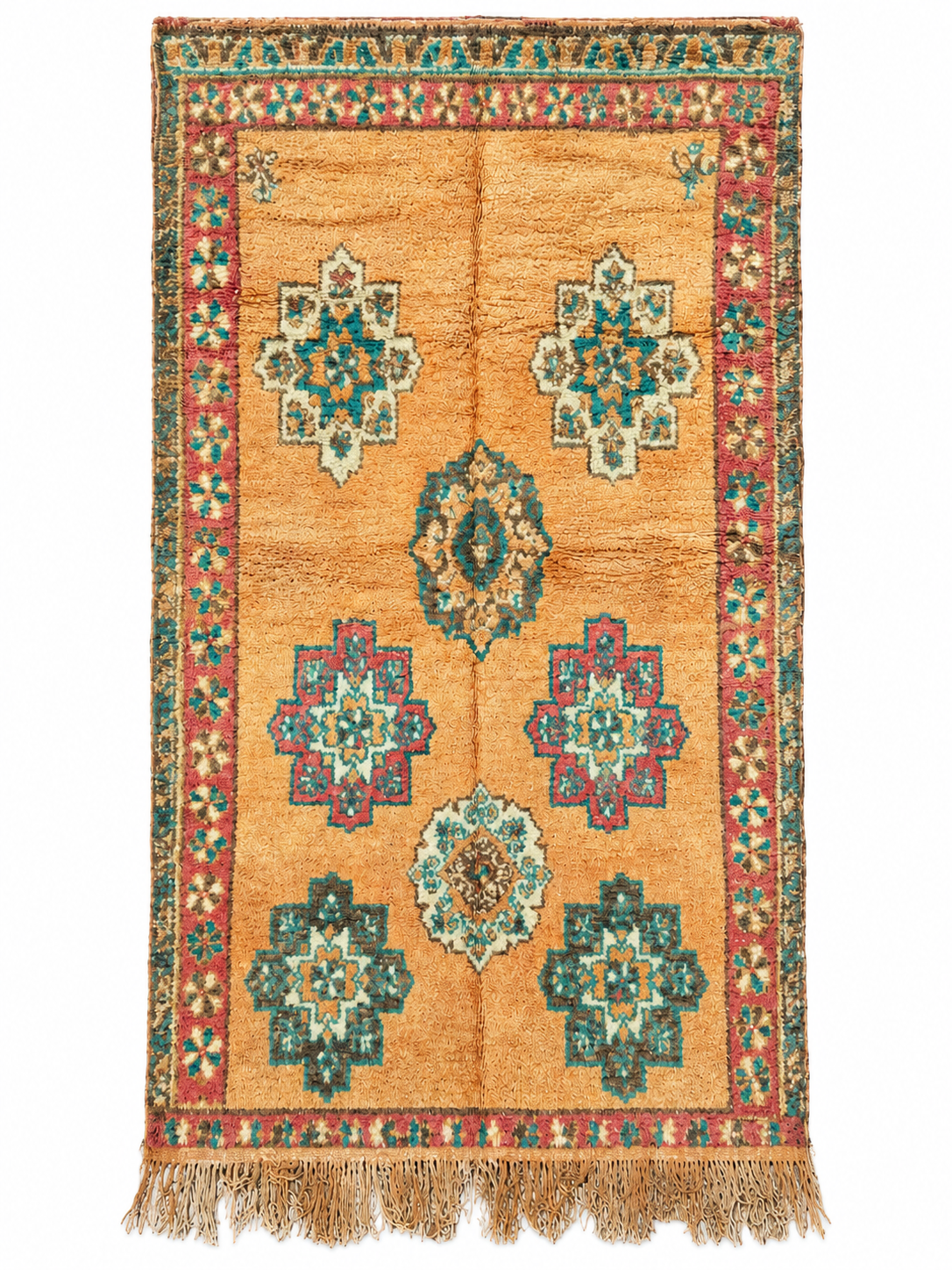 Golden Beige Vintage Moroccan Rug with Green Medallions, 370 × 170 cm.
