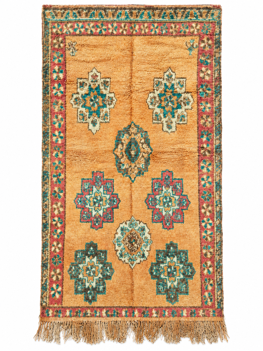 Golden Beige Vintage Moroccan Rug with Green Medallions, 370 × 170 cm.