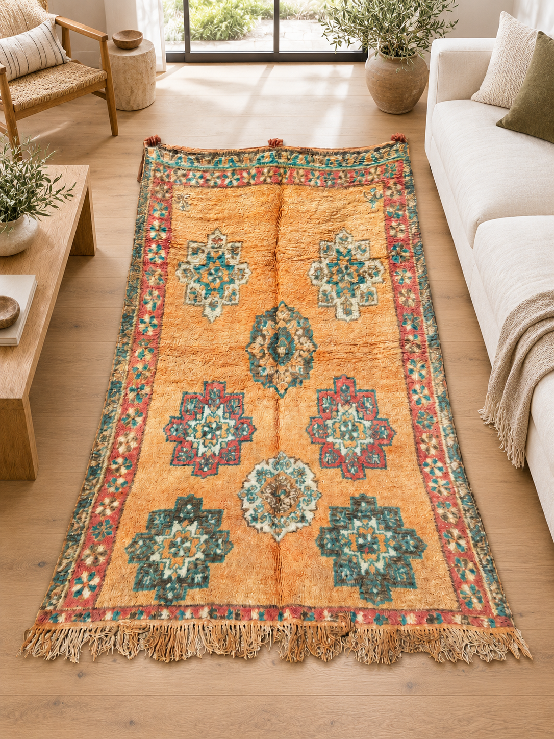 AI-generated room inspiration: Golden Beige Vintage Moroccan Rug with Green Medallions, 370 × 170 cm.