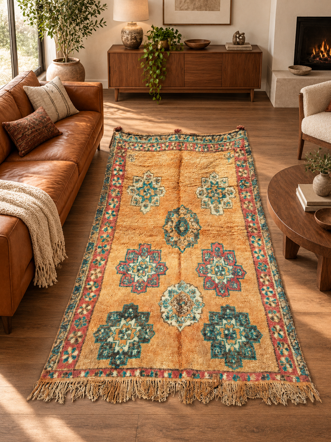 AI-generated room inspiration: Golden Beige Vintage Moroccan Rug with Green Medallions, 370 × 170 cm.