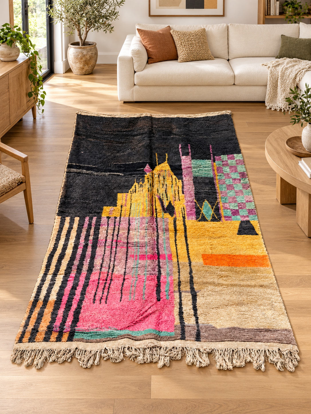 Großer bunter Vintage Teppich mit schwarzem Farbfeld – 360 × 260 cm, im Wohnzimmer – KI-Rauminspiration, Ansicht 1.