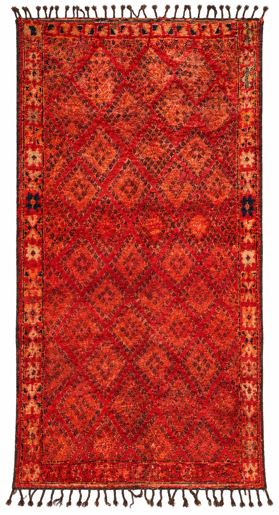 AI-assisted cutout of Red Vintage Moroccan Rug with Fine Diamond Pattern, 363 × 197 cm.