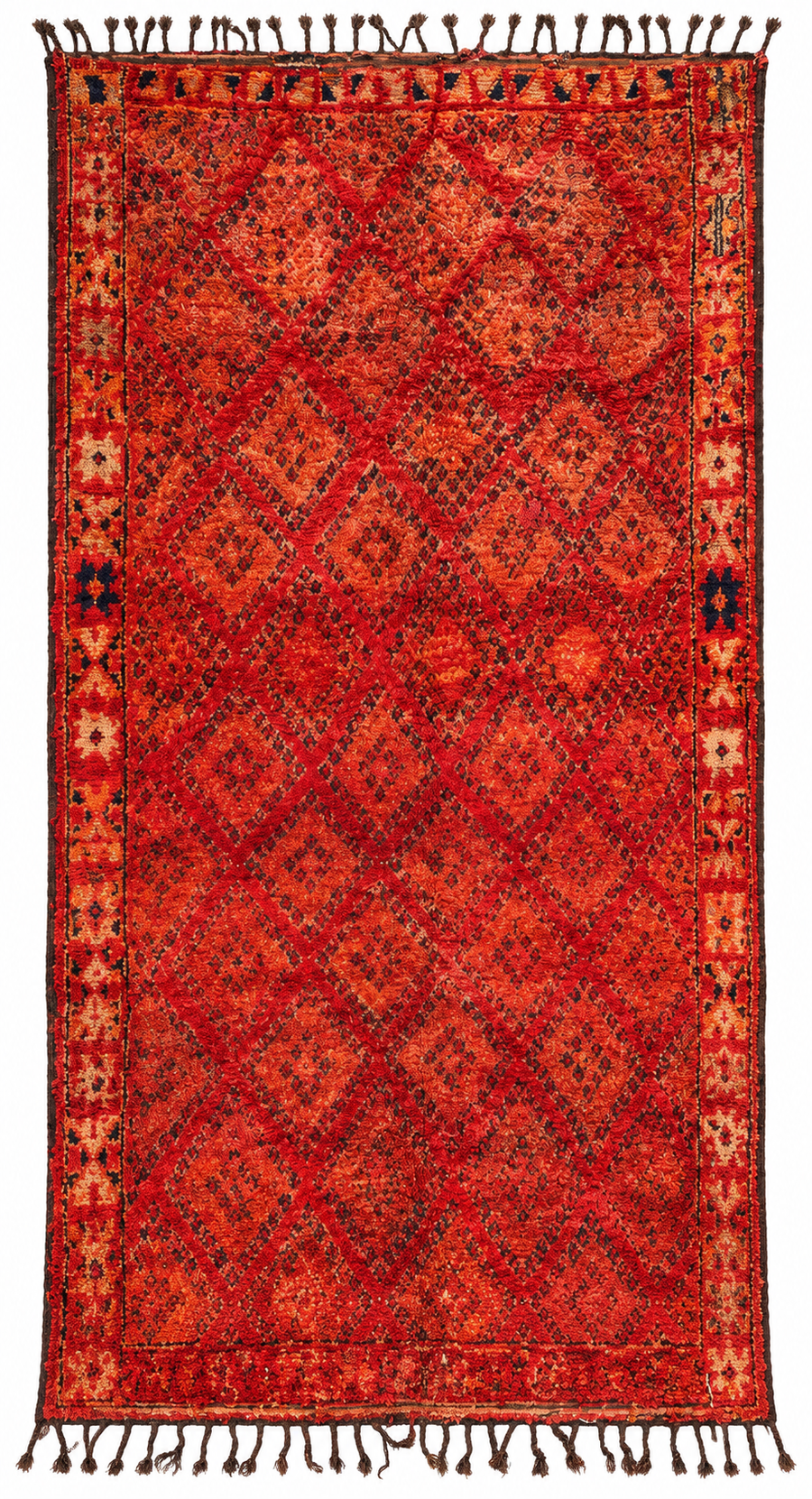 AI-assisted cutout of Red Vintage Moroccan Rug with Fine Diamond Pattern, 363 × 197 cm.