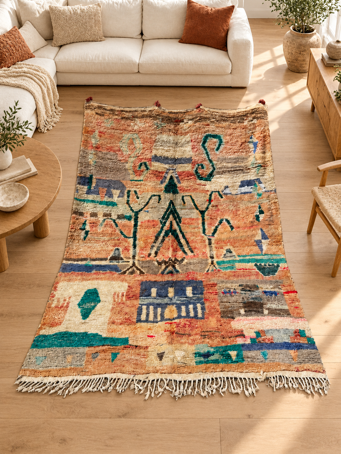 Großer Vintage Berberteppich mit abstrakten Symbolen – 400 × 300 cm, im Wohnzimmer – KI-Rauminspiration, Ansicht 1.