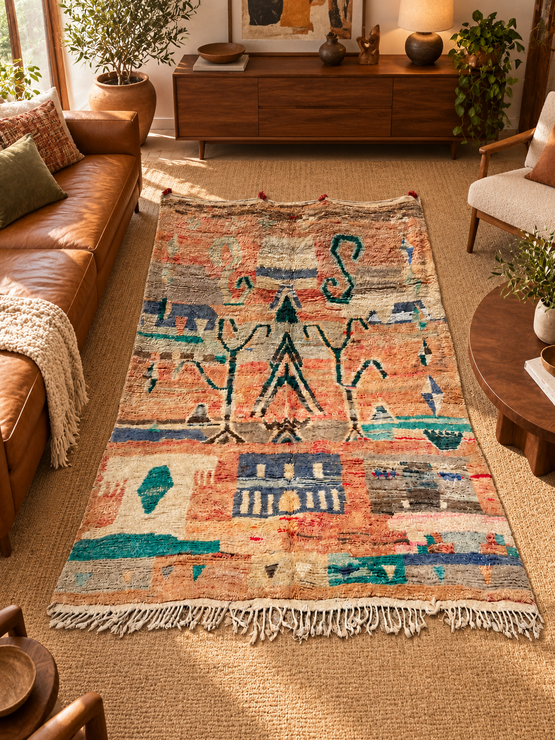 Großer Vintage Berberteppich mit abstrakten Symbolen – 400 × 300 cm, im Wohnzimmer – KI-Rauminspiration, Ansicht 2.