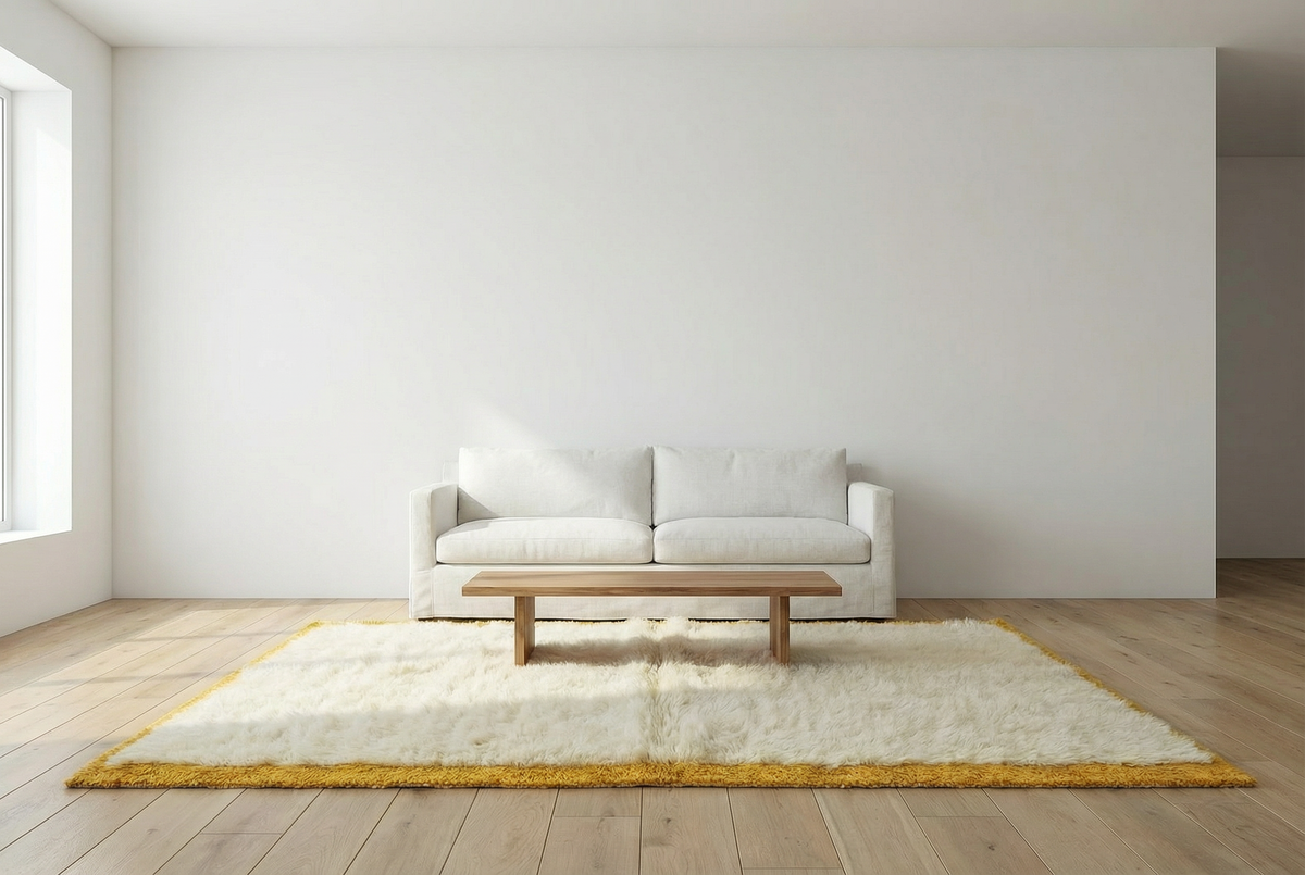 Mrirt wool rug, cream wool ground with a yellow border in a living room setting