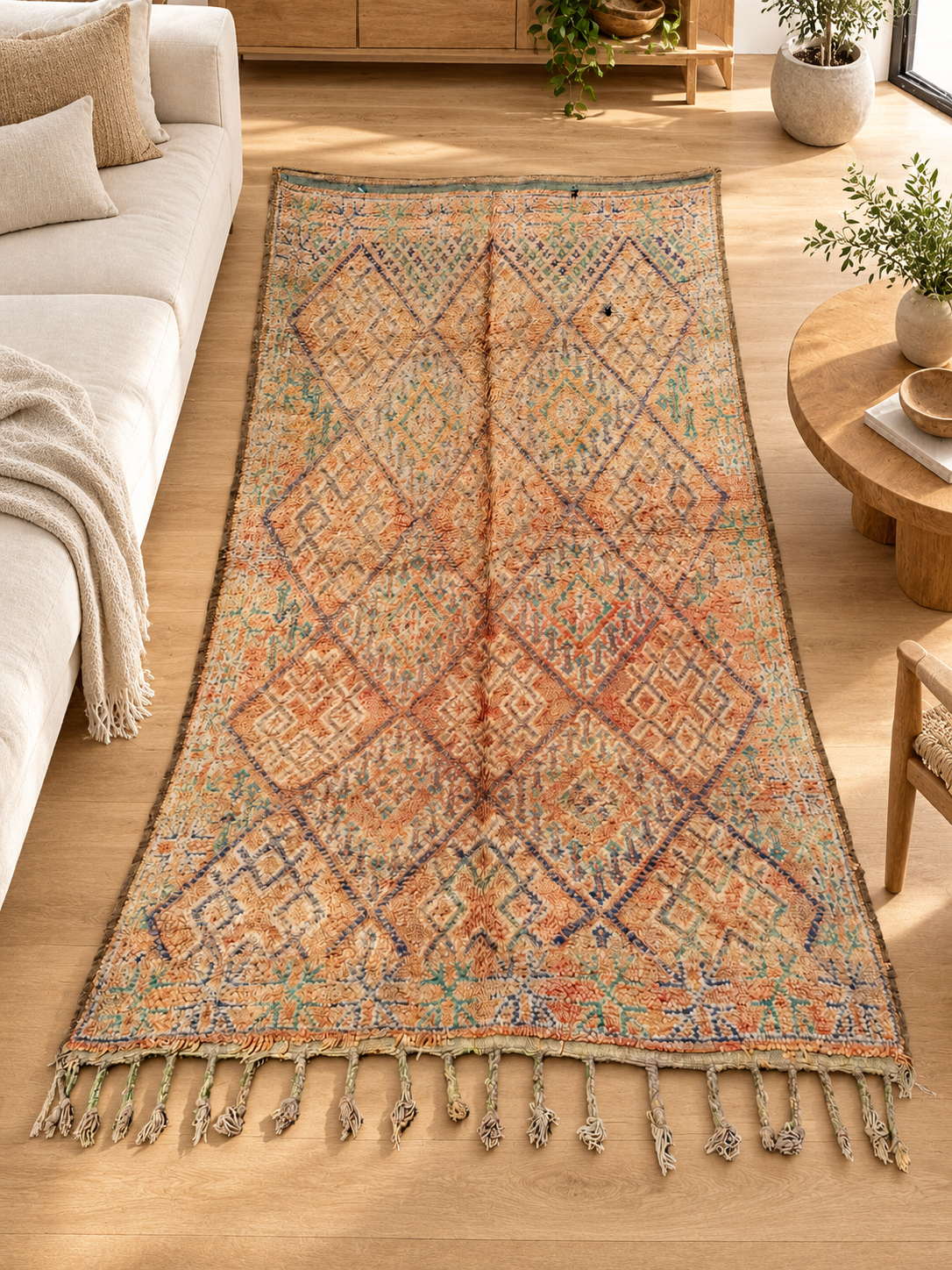 Heller Vintage Teppich mit feinen Rauten in Rosa und Grau – 340 × 170 cm, im Wohnzimmer – KI-Rauminspiration, Ansicht 1.