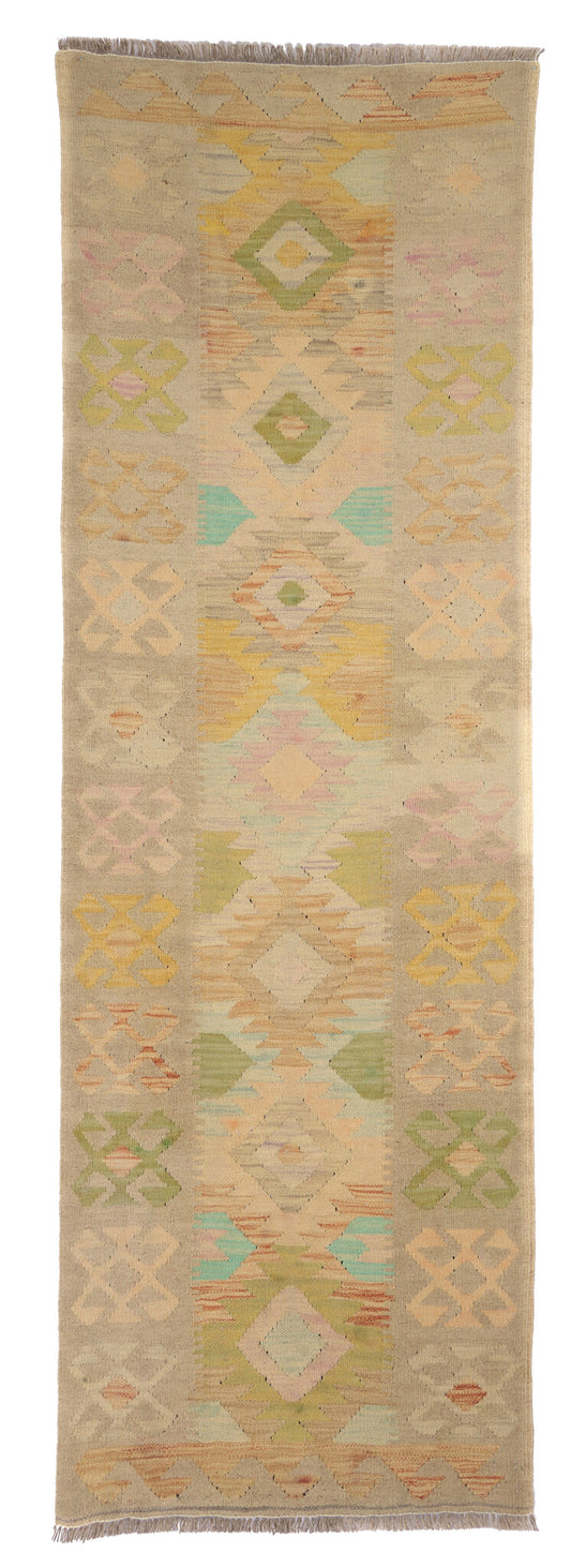 Kelim Läufer Beige mit pastellfarbenen Rauten, 200 × 64 cm – Gesamtansicht