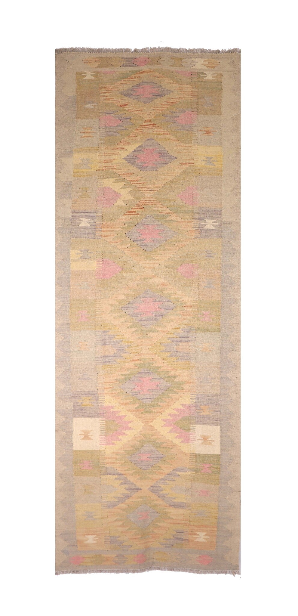 Kelim Läufer Beige-Rosa mit Rauten, 295 × 77 cm – Gesamtansicht