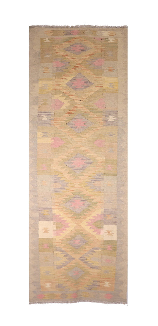 Kelim Läufer Beige-Rosa mit Rauten, 295 × 77 cm – Gesamtansicht
