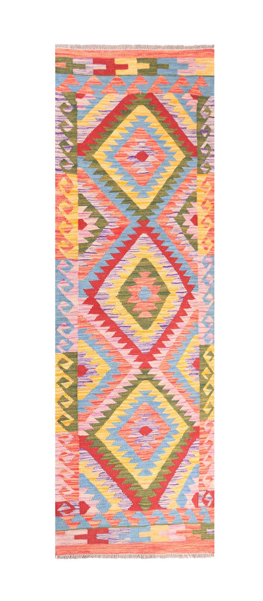 Bunter Kelim Läufer mit drei Rauten, 200 × 68 cm – Gesamtansicht