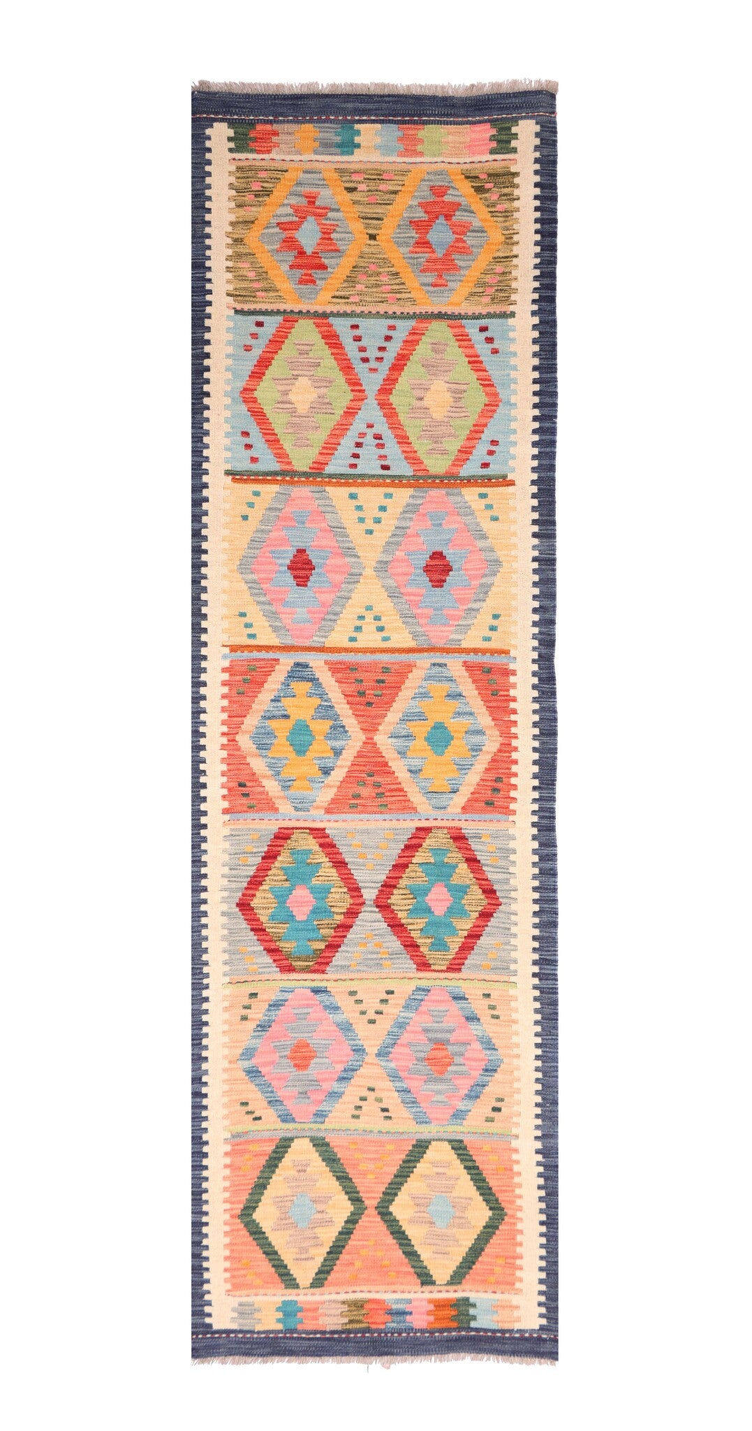 Kelim Läufer mit bunten Rautenreihen, 298 × 77 cm – Gesamtansicht