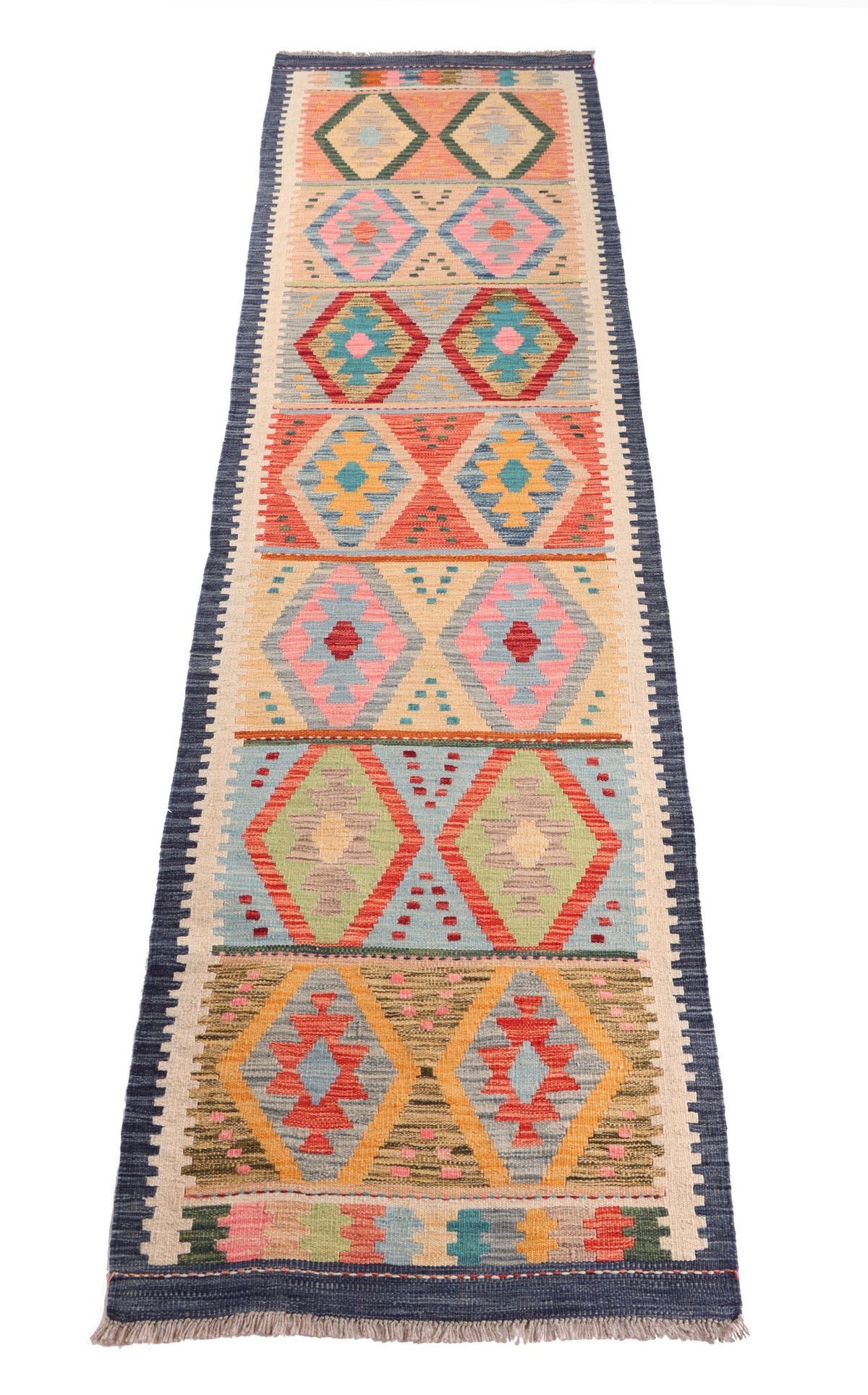 Kelim Läufer mit bunten Rautenreihen, 298 × 77 cm – Detailansicht 1