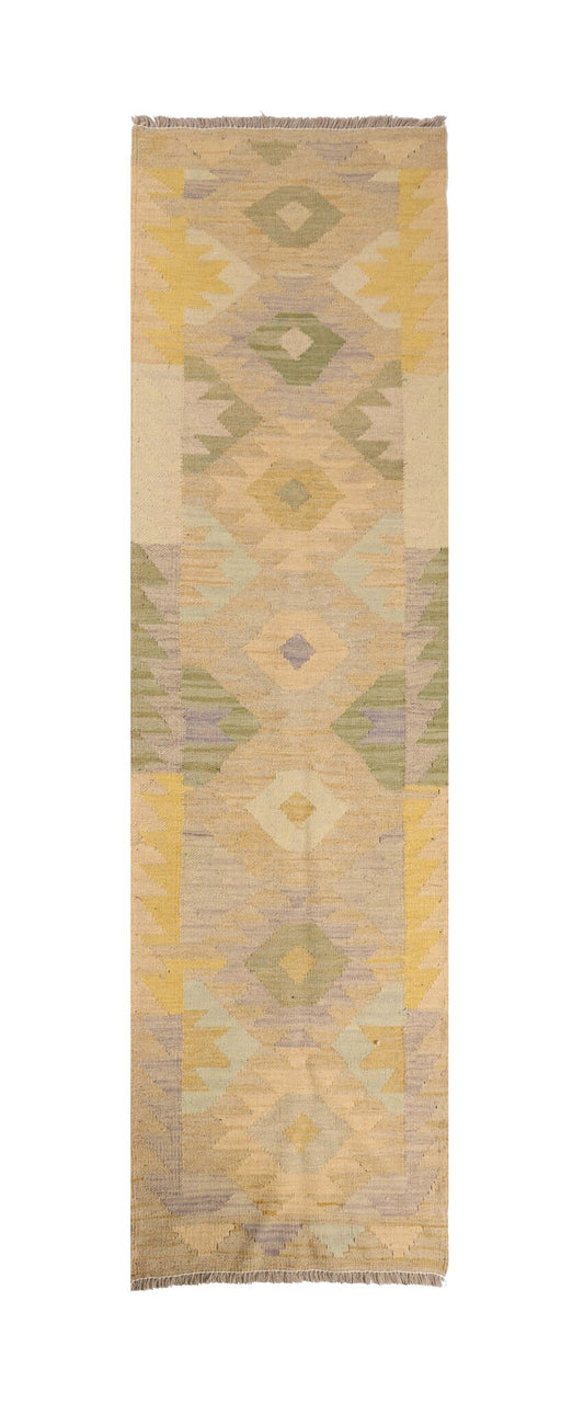 Heller Kelim Läufer in Gelb und Salbeigrün, 197 × 57 cm – Gesamtansicht