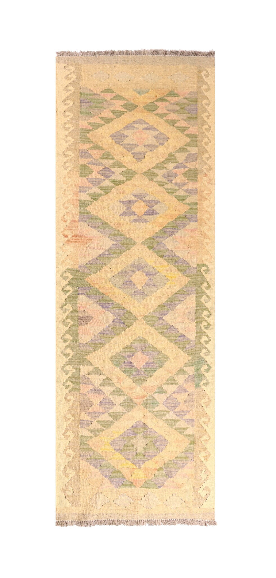 Natural-Tone Kilim Runner with Green and Violet Diamonds, 183 × 67 cm — full view