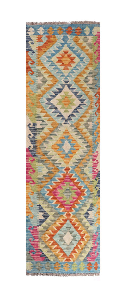 Kelim Läufer Türkis mit bunten Rauten, 204 × 62 cm – Gesamtansicht