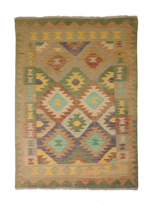 Kelim Teppich in Naturtönen mit Rautenmedaillons, 170 × 120 cm, KT-29559 – Gesamtansicht