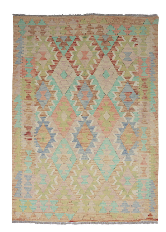 Pastell Kelim Teppich mit großen Rauten, 176 × 127 cm, KT-27743 – Gesamtansicht